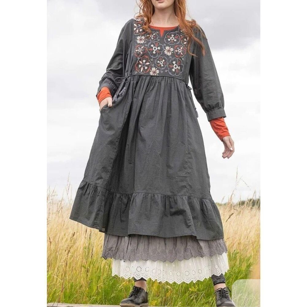 Gudrun Sjoden embroidered grey boho lagenlook dress size XS